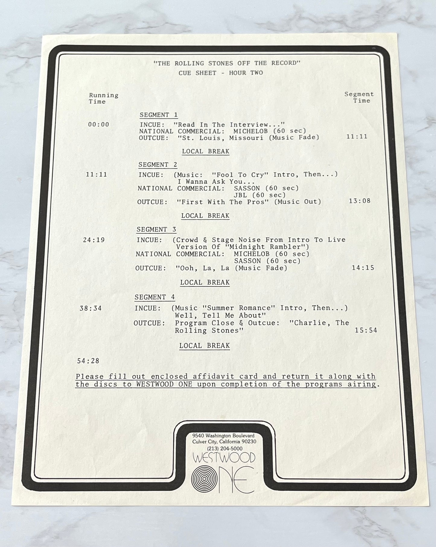 Rolling Stones Off The Record 2 LP RADIO SHOW Westwood One CUE SHEETS VERY RARE!