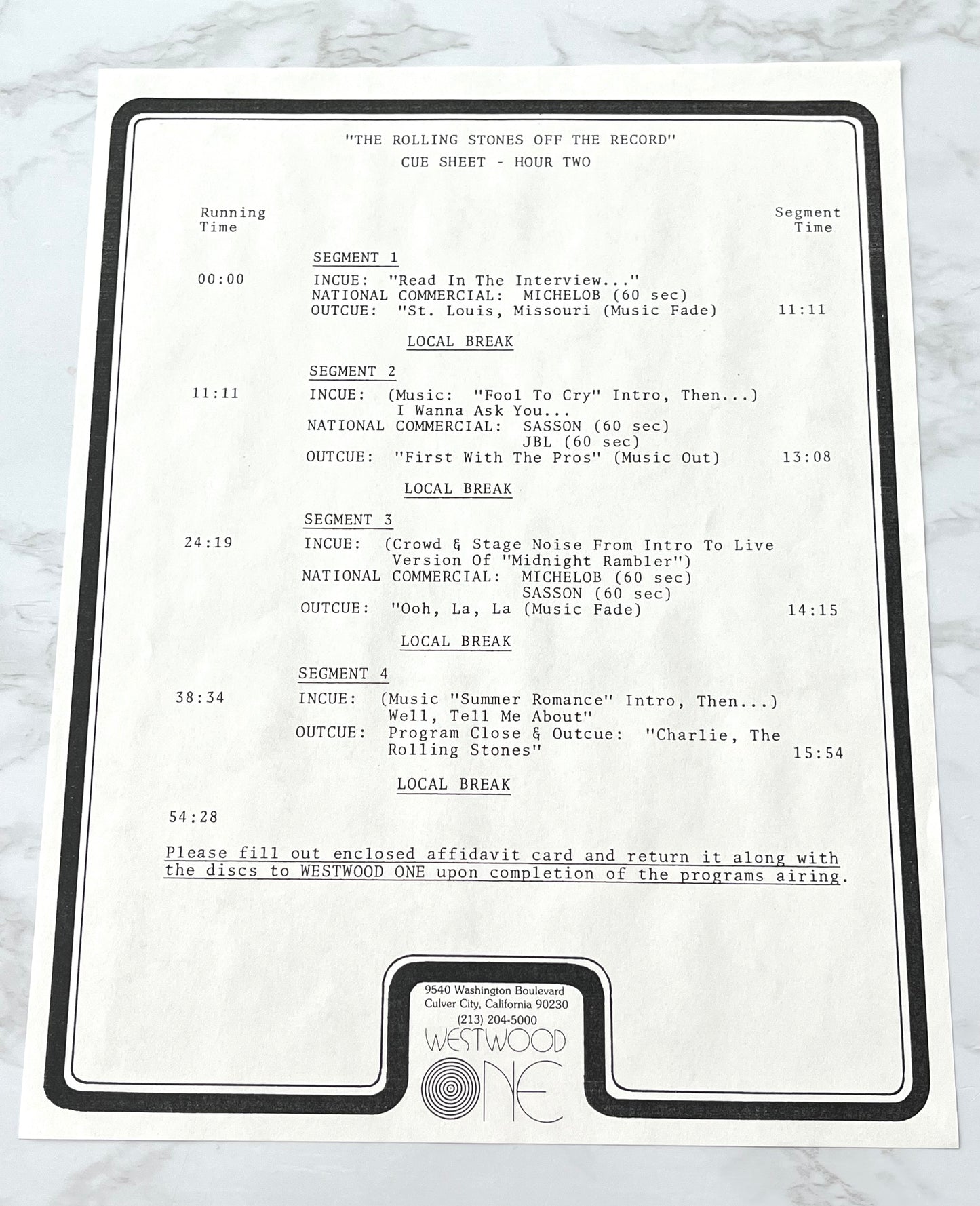 Rolling Stones Off The Record 2 LP RADIO SHOW Westwood One CUE SHEETS VERY RARE!