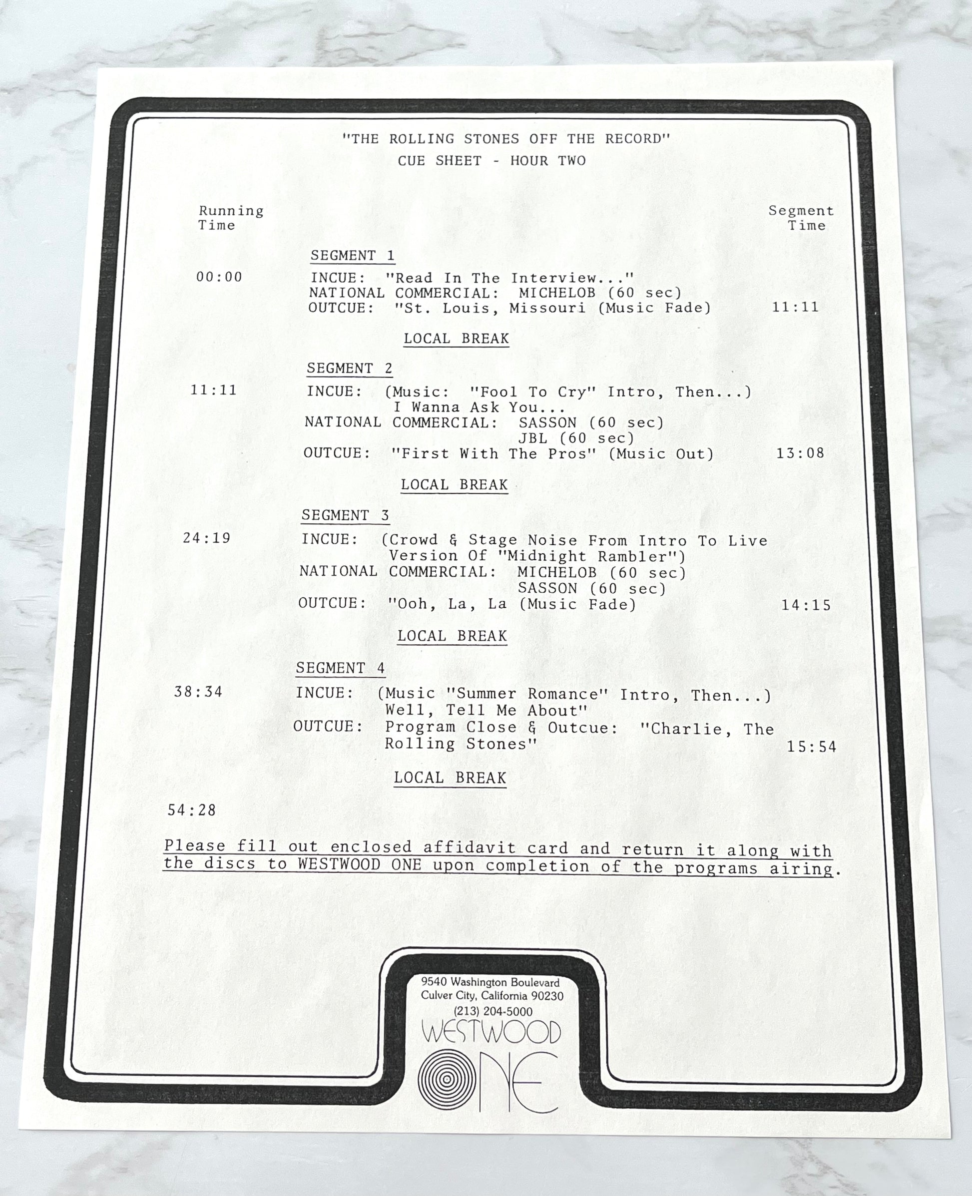Rolling Stones Off The Record 2 LP RADIO SHOW Westwood One CUE SHEETS VERY RARE!