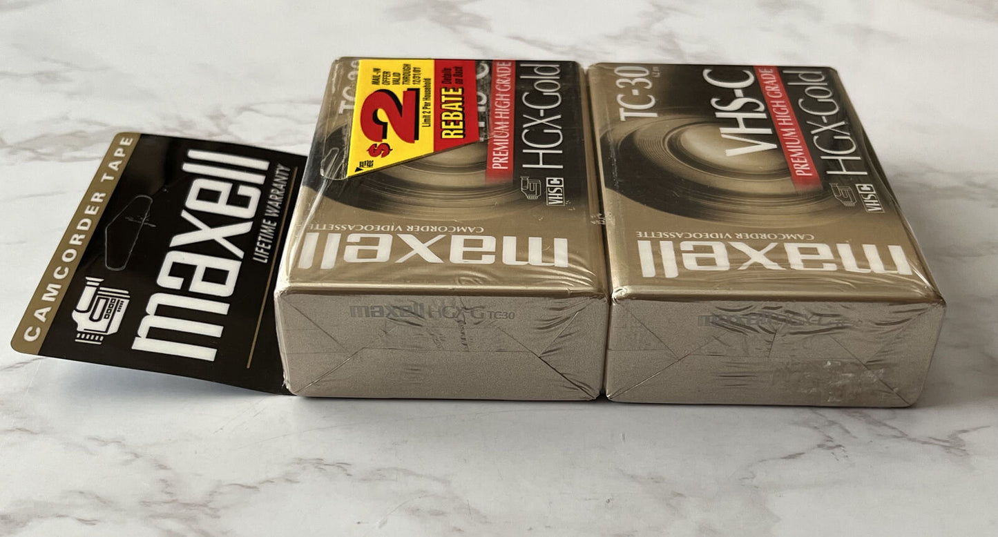 Maxell TC-30 VHS-C Premium High Grade CASSETTE Tapes SEALED! 2 PACK HGX-Gold NEW