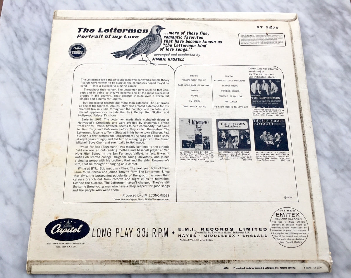 The Lettermen Portrait Of My Love LP 1965 Capitol ST 2270 UK Imp Laminated Cover