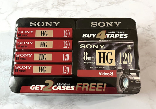 SONY 8mm HG 120 High Grade Video CASSETTE Tapes SEALED! 4 TAPES w/2 Cases! NEW!
